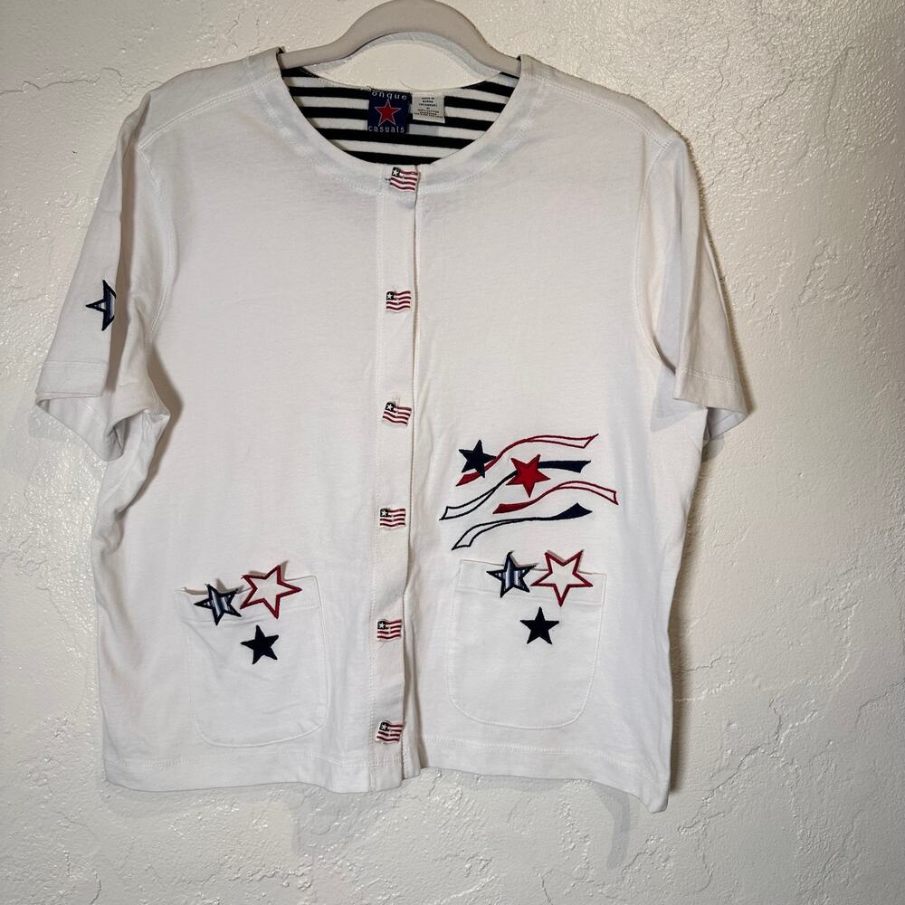 Vintage onque casuals Medium 100% Cotton Knit Button Up Patriotic July 4th